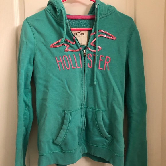 Hollister Jackets & Coats Greenblue Hooded Jacket With Pink Accents